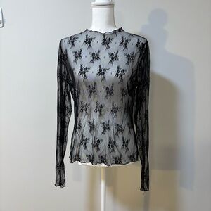 Sheer Black Floral Mesh Top Gothic Romantic Lettuce Hem Long Sleeve Women’s XL